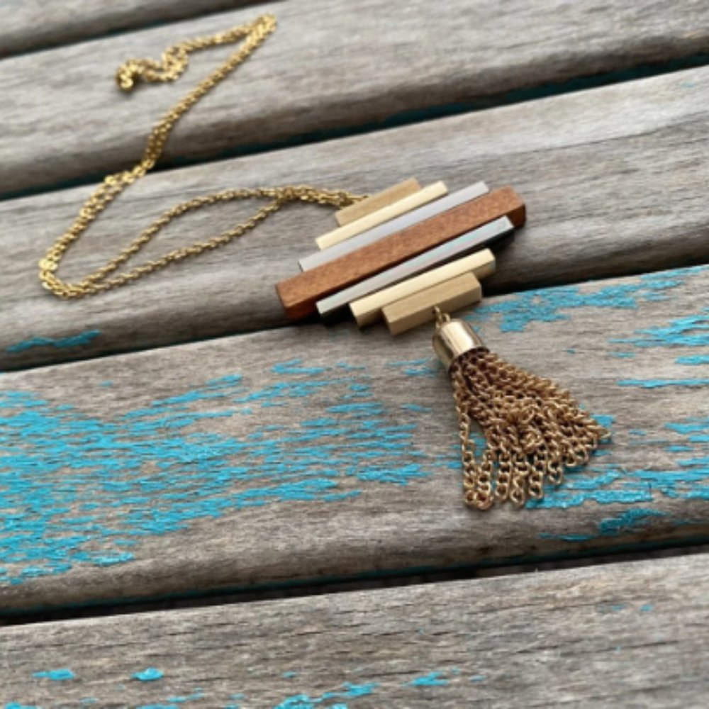 Stacked Wood, Black, and Gold Necklace- NEW Handmade Necklace - Picture 1 of 4